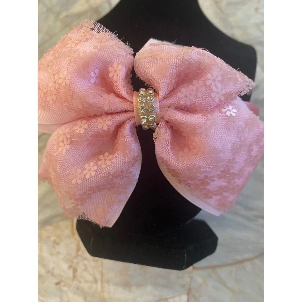 Pink Floral Lace‎ Layered Bow Headband with Rhinestone Center Coquette Style